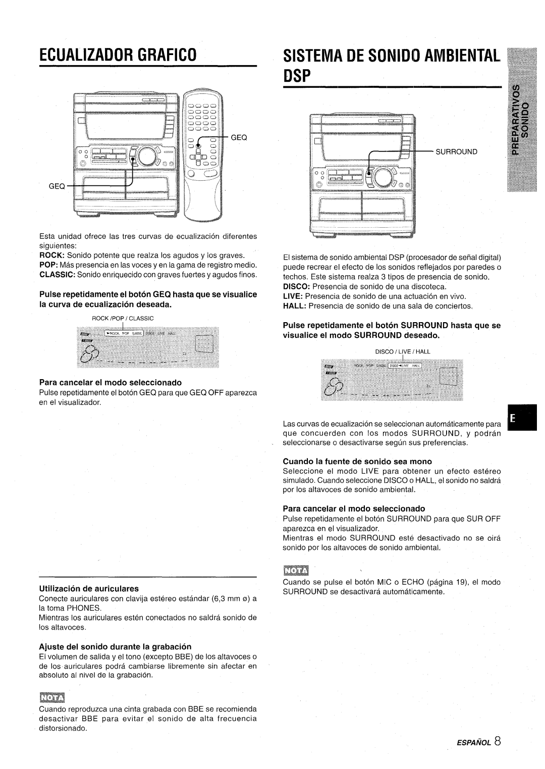 Aiwa CX-NA71 manual L,.------Gz&271-. -’, Ecualizador Grafico, SISTEMA DE SONIDO AMBIENTAlm DSP, EEfa, Espanol 