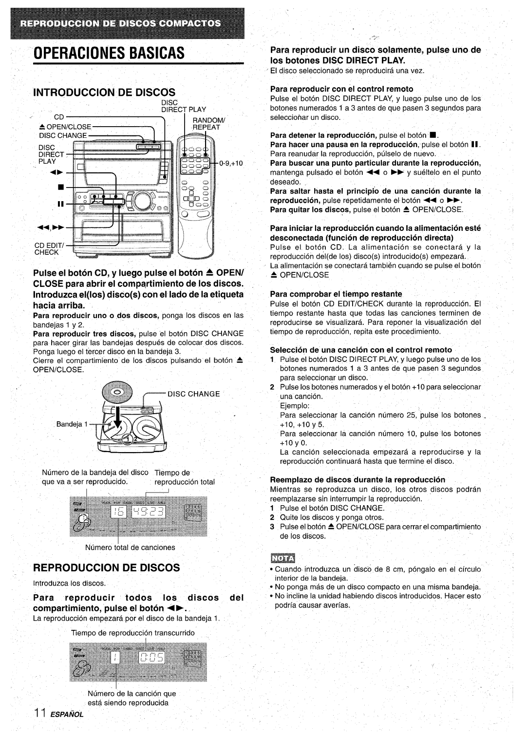 Aiwa CX-NA71 manual OPERAClONES BASICAS, Reproduction De Discos, Seleccion de una cancion con el control remoto 