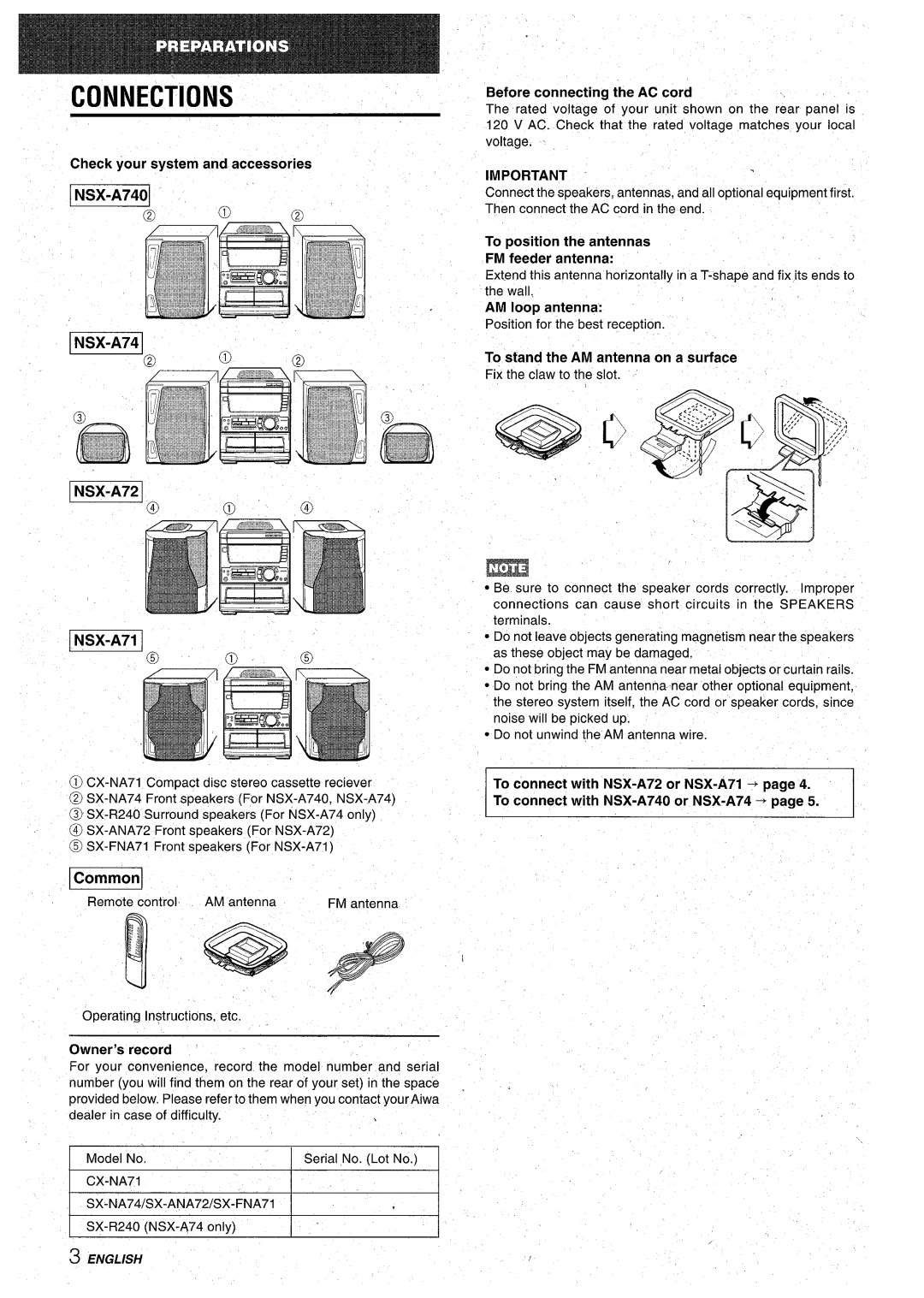 Aiwa CX-NA71 manual Connections, EiiEa, Check your system and accessories, Before connecting the AC cord, Owner’s record ~ 