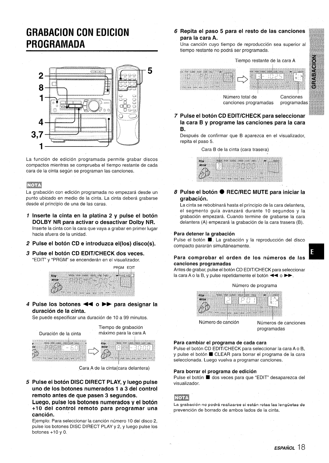 Aiwa CX-NA71 manual Grabacion Con Edicion Programada, Pulse el boton CD EDIT/CHECK dos veces 