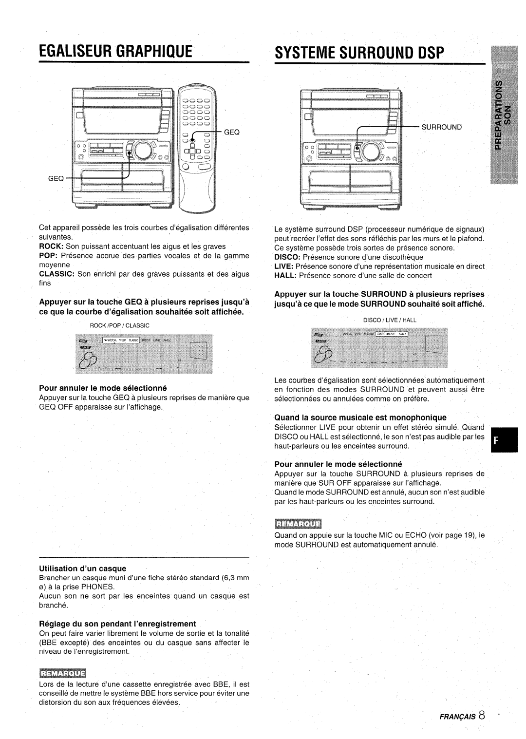 Aiwa CX-NA71 manual Egaliseur Graphique, SYSTEME SURROUND DSP E ‘uRROuND, Pour annuler Ie mode selectionne, Fran~Ais 