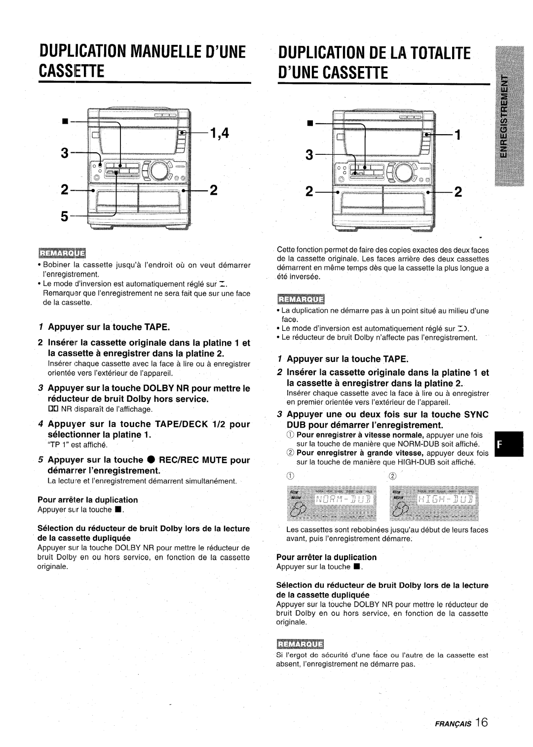Aiwa CX-NA71 manual Cassiette, Duplication Manuelle D’Une Dup .Ication De La Totalite, D’Ui E Cassette 