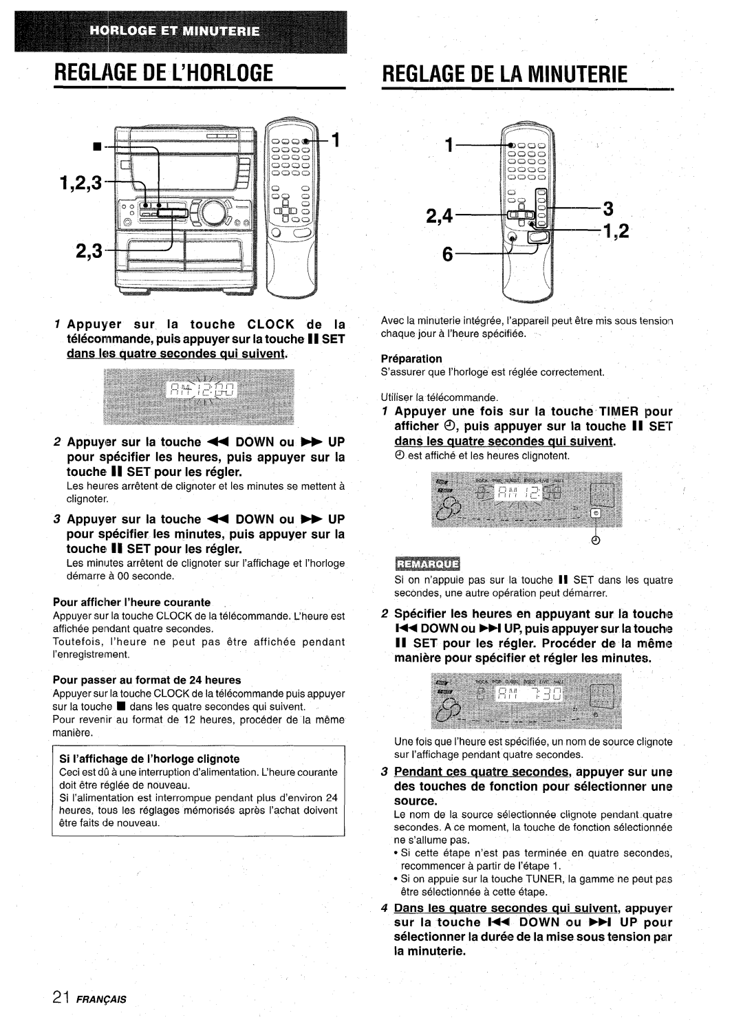 Aiwa CX-NA71 manual Reglage De L’Horloge, Reglage De La Minuterie, Pour afficlher I’heure courante, Preparaticm, 2,43 1,2 
