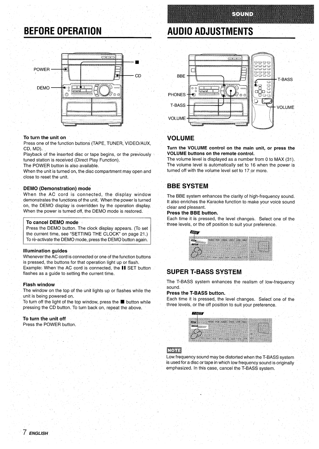 Aiwa CX-NA71 manual Before Operation, Audio Adjustments, Volume, Bbe System, Super T-Bass System, To turn the unit on 