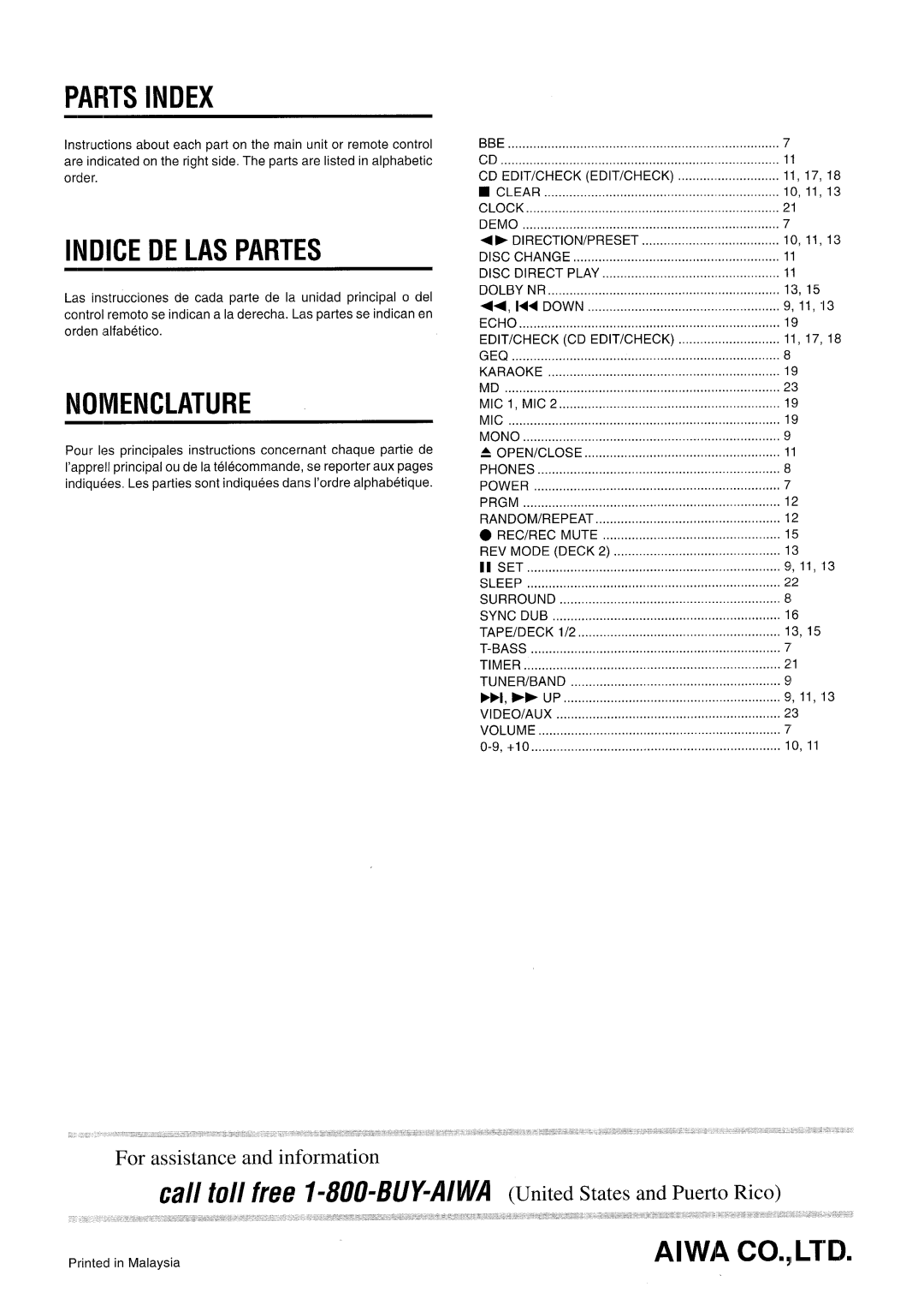 Aiwa CX-NA71 manual Pafits Index, Indice De Las Partes, Nomenclature, Cfl// ~0// free 1-80&6uy-A/wA 