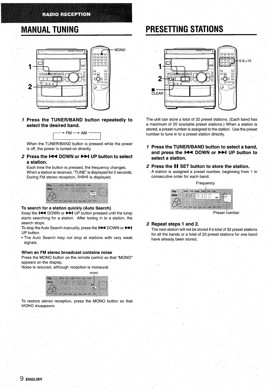 Aiwa CX-NA92 manual Manual Tuning, Press the l++ Down or M UP button to select a station, Repeat steps 1, ~FM-AM7 