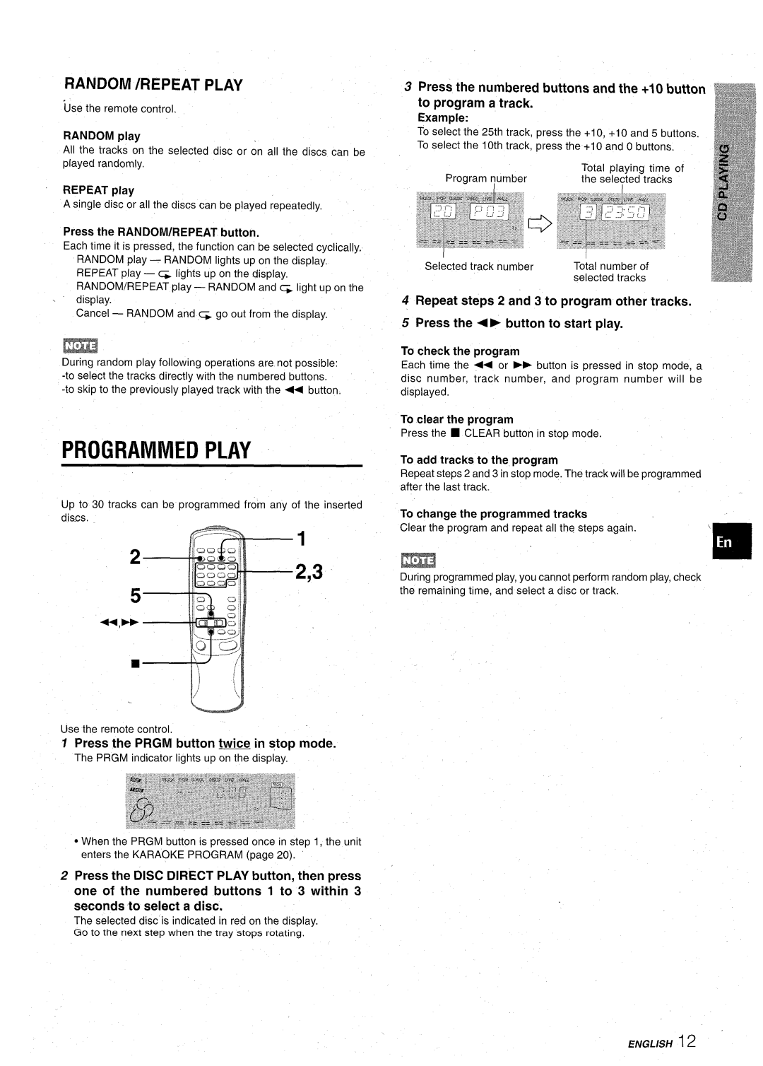 Aiwa CX-NA92 manual Programmed Play, Random /REPEAT Play, Press the Prgm button twice in stop mode 