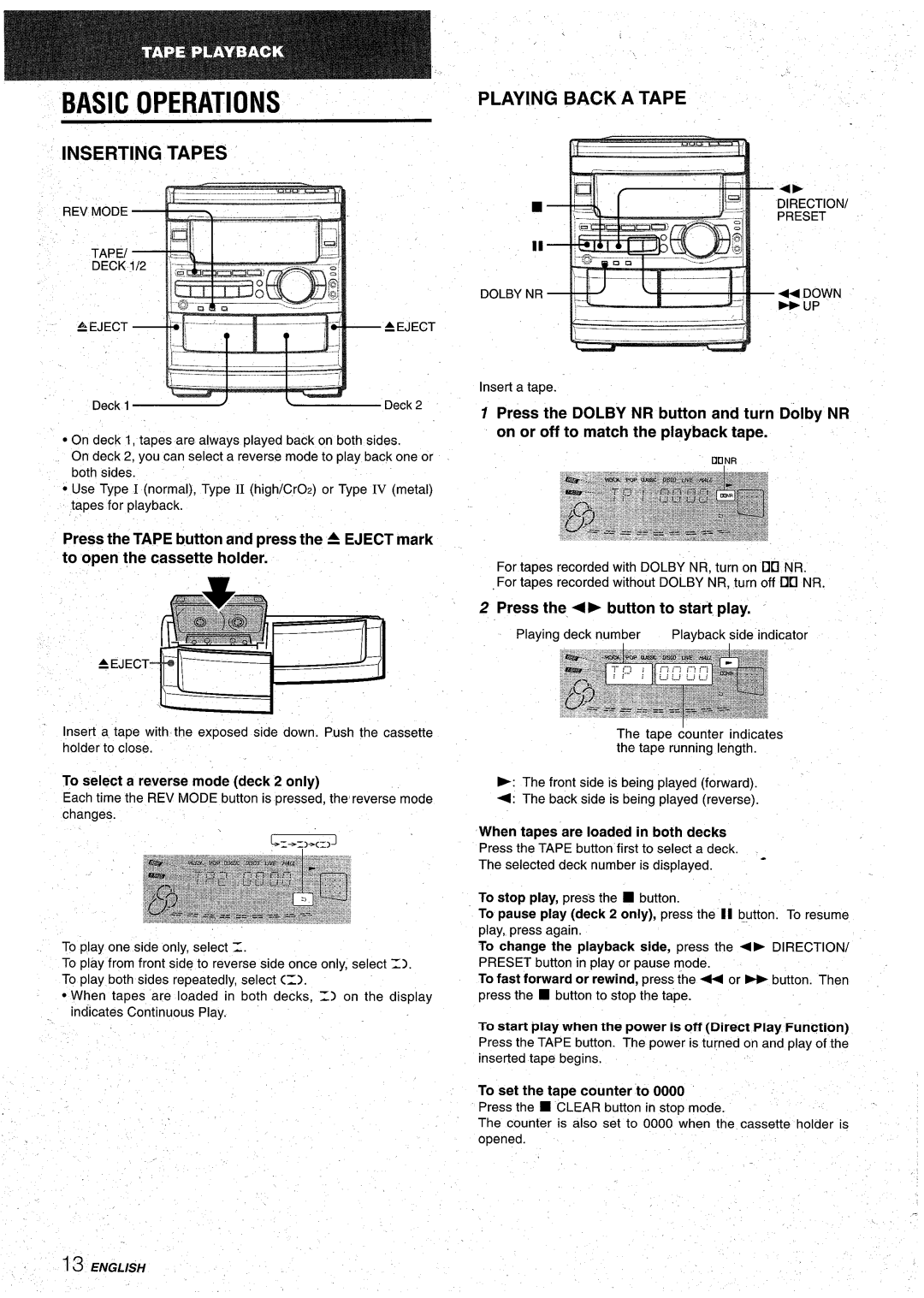 Aiwa CX-NA92 Inserting Tapes, Playing Back a Tape, Press the,+ button to start. play, To select a reverse mode deck 2 only 