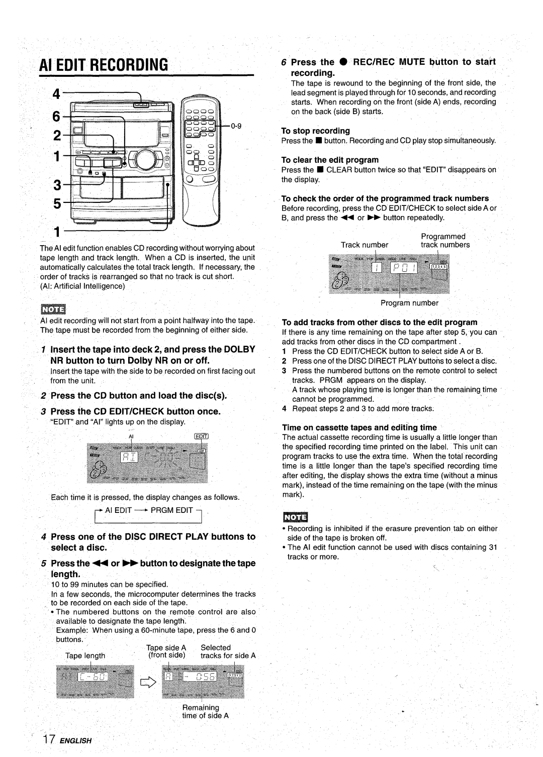 Aiwa CX-NA92 Al Edit Recording, To stop recording, To clear the edit program, Time on cassette tapes and editing time 