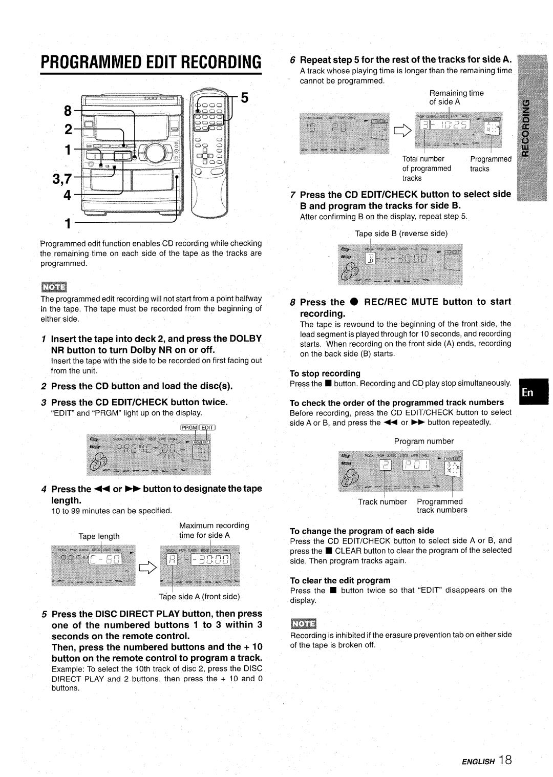 Aiwa CX-NA92 Programmed Edit Recording, Press the CD EDIT/CHECK button twice, Repeat for the rest of the tracks for side a 