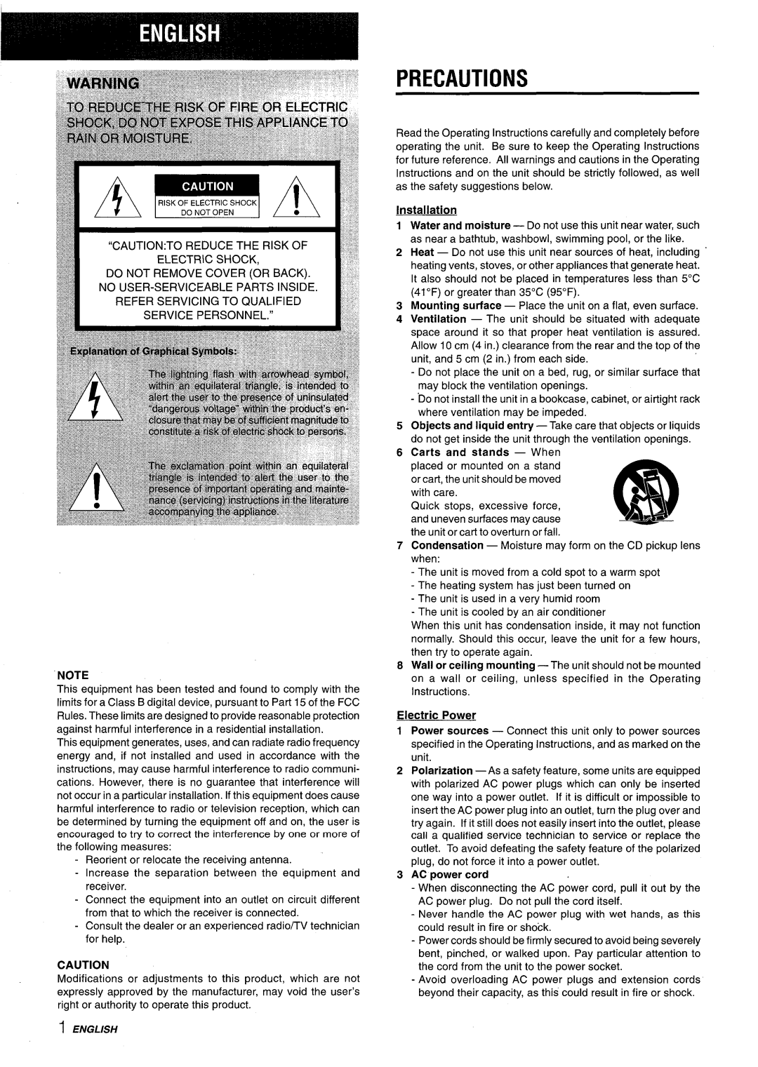 Aiwa CX-NA92 manual Precautions, Installation, Carts and stands When, Electric Power 