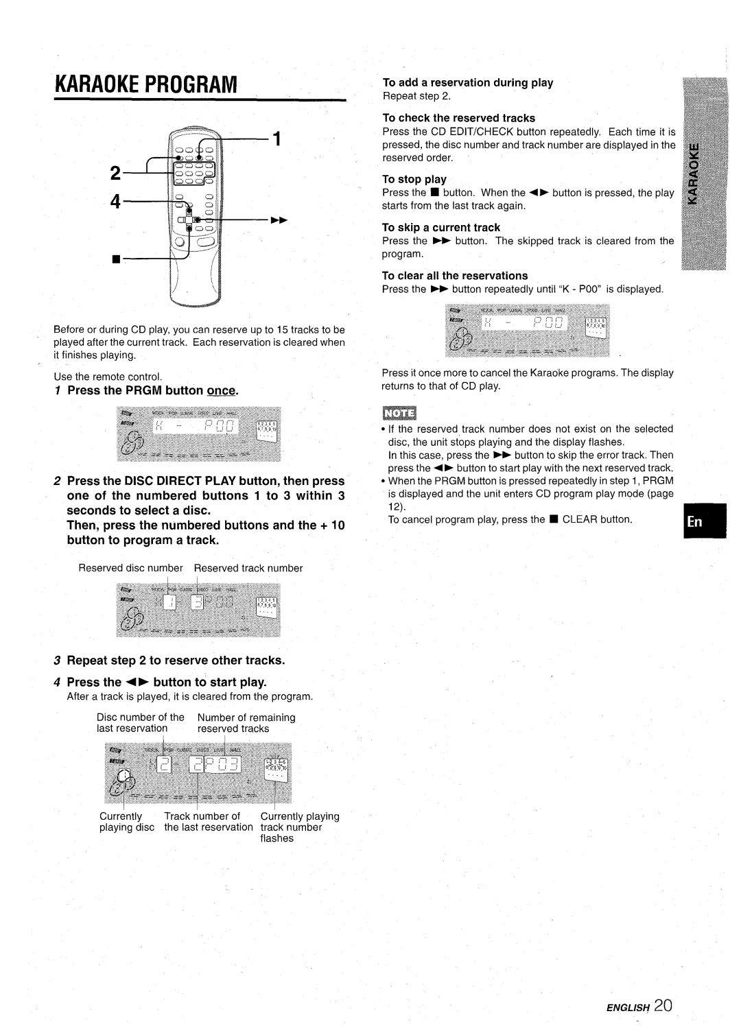 Aiwa CX-NA92 manual Karaokeprogram, To add a reservation during play 