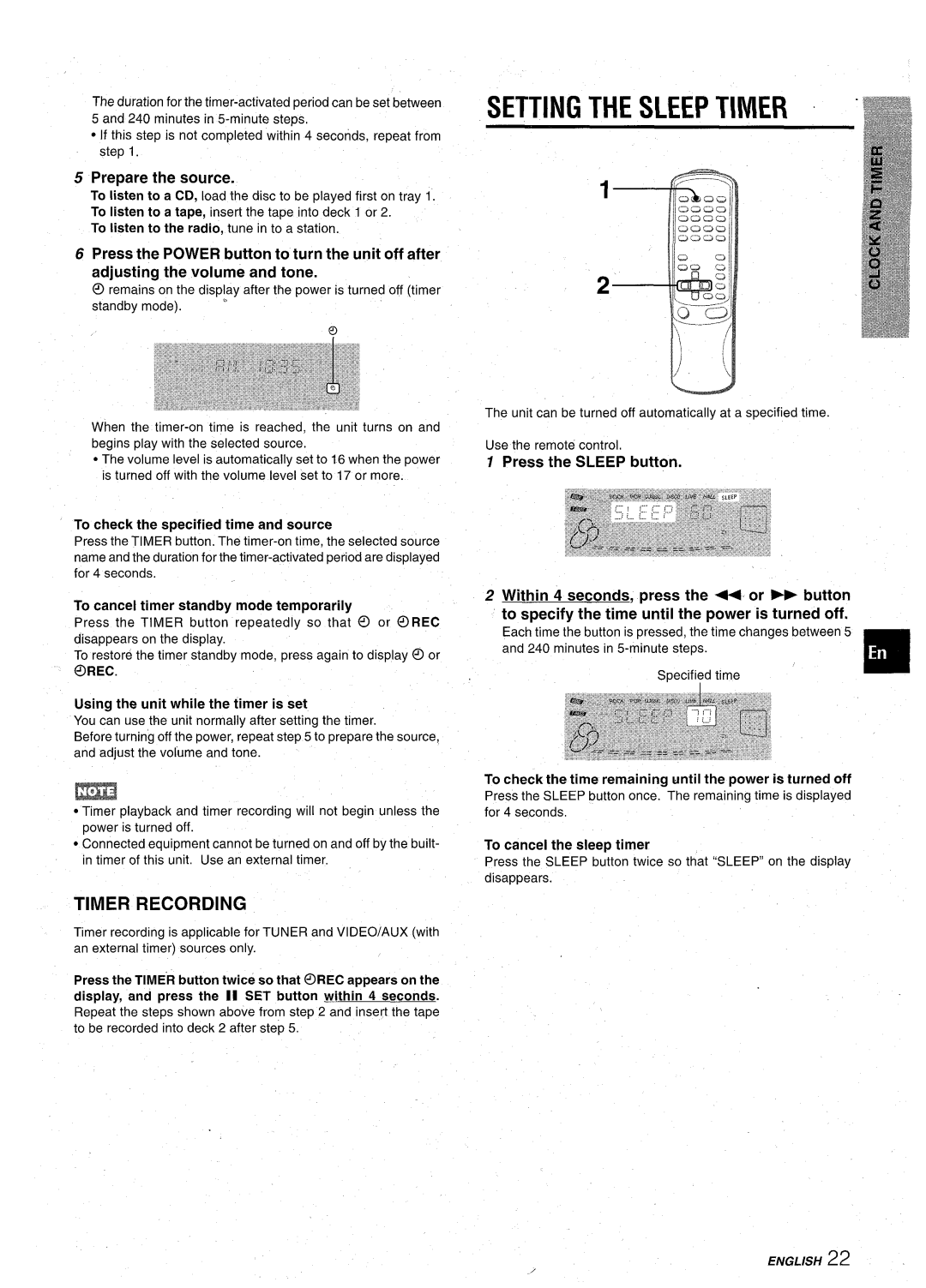 Aiwa CX-NA92 manual Setting the Sleep Timer, Timer Recording, Prepare the source, Orec 