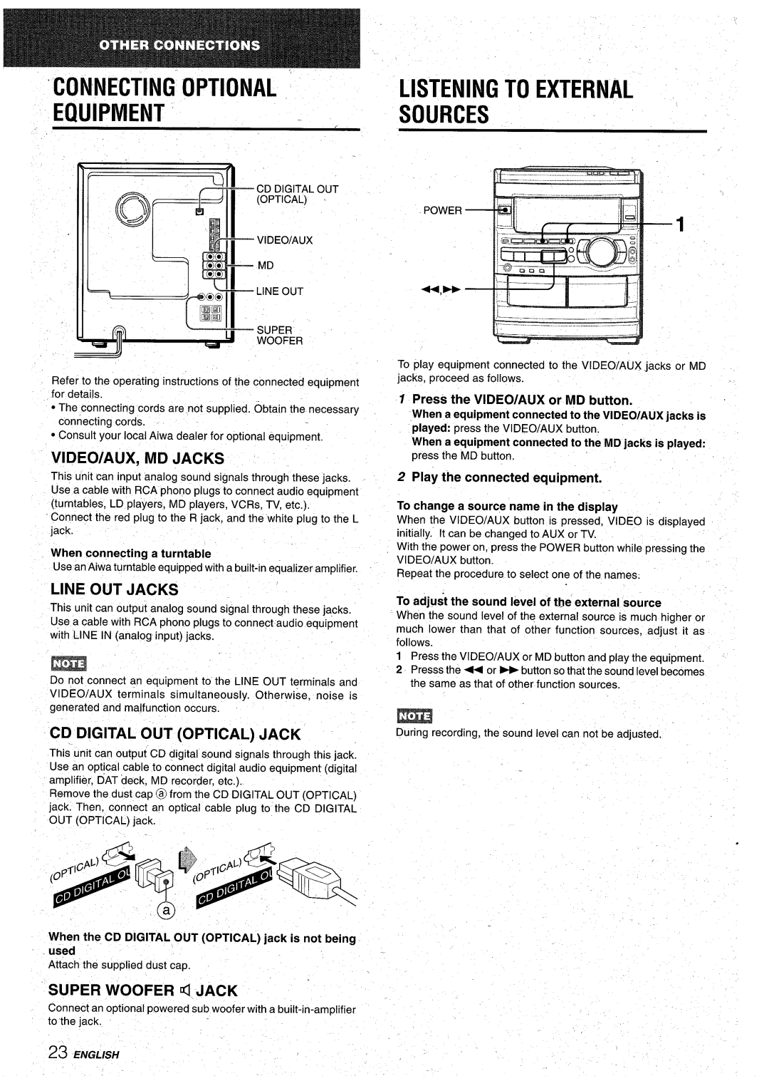 Aiwa CX-NA92 manual ‘CONNECTING Optional .’ Equipment, Listening to External Sources 