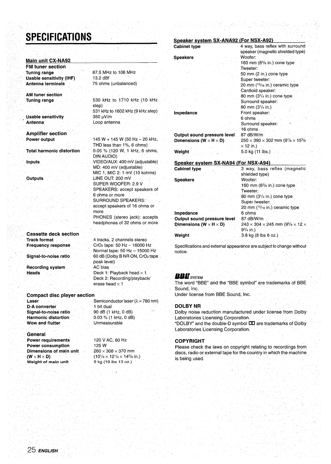 Aiwa CX-NA92 manual Specifications, Dolby NR 