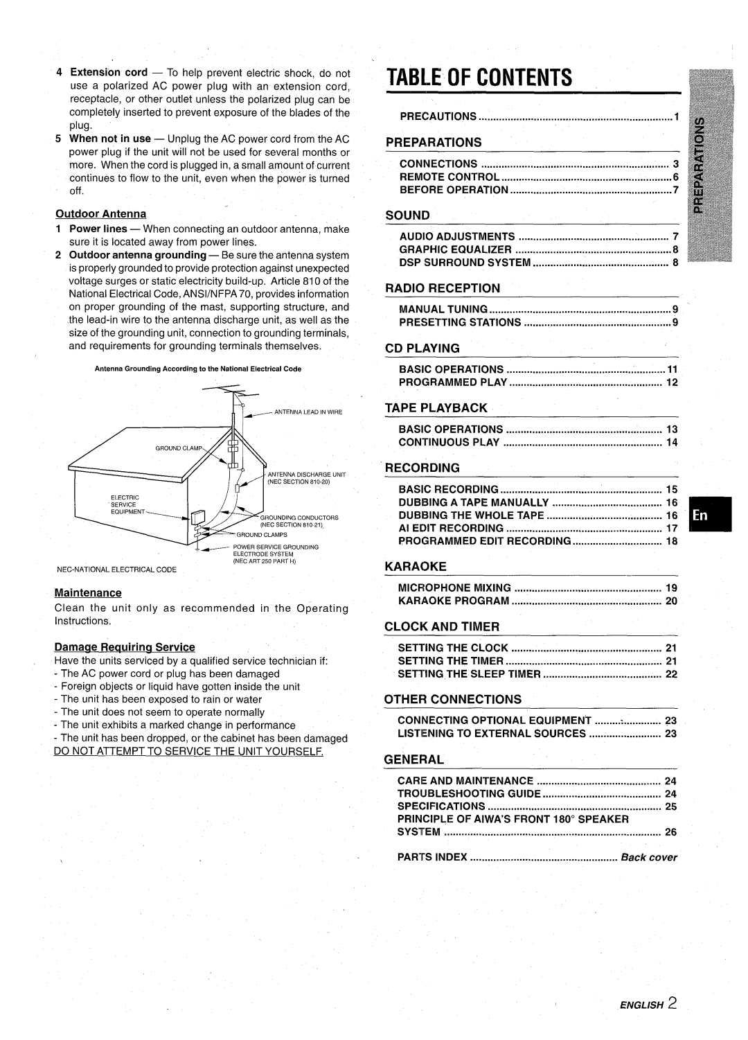 Aiwa CX-NA92 manual Table of Contents 