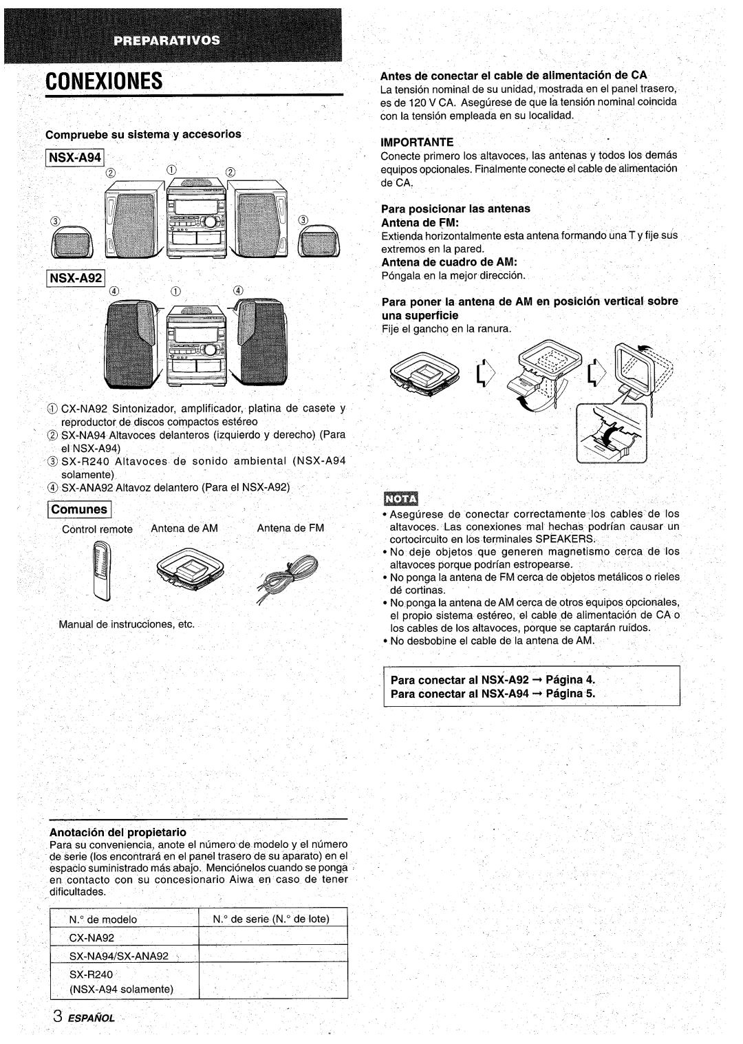 Aiwa CX-NA92 manual Conexiones, Antes de conectar el cable de alimentacion de CA, 1Gomunes, Importante 