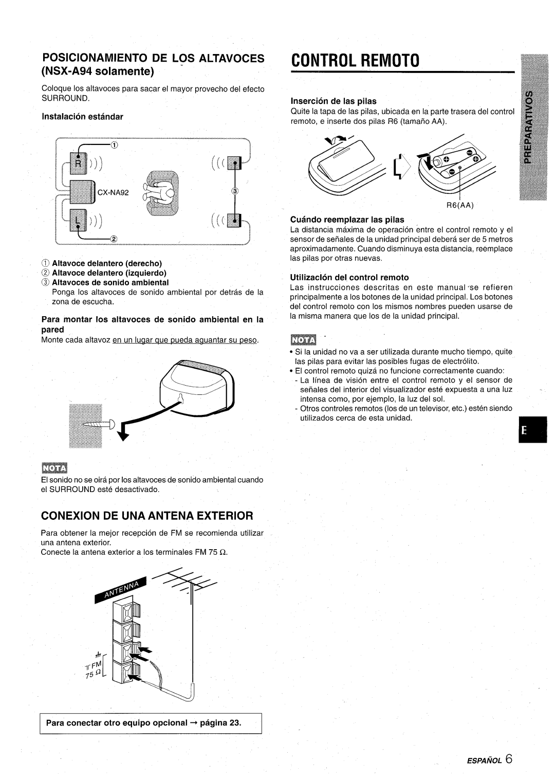 Aiwa CX-NA92 Control Remoto, Posicionamiento DE LOS Altavoces, Conexion DE UNA Antena Exterior, Lnserci6n de Ias pilas 