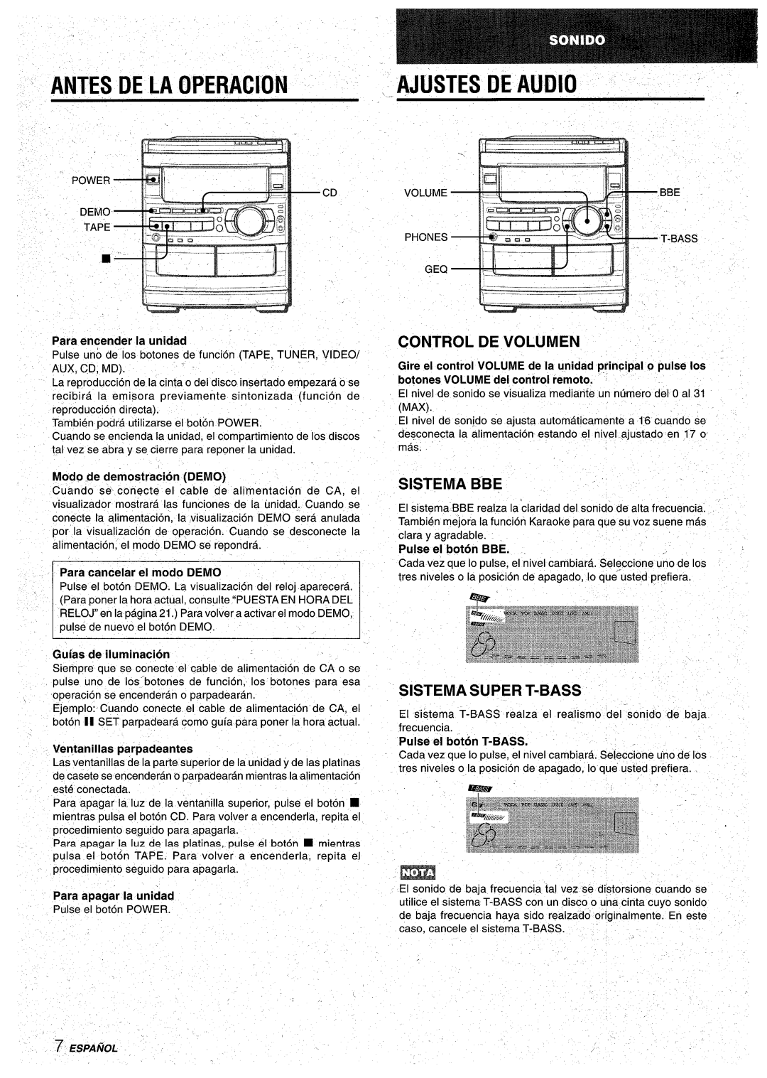 Aiwa CX-NA92 manual Antes DE LA Operacion ~~~AJUSTES DE Audio, Control DE Volumen, Sistema BBE, Sistema Super T-BASS 