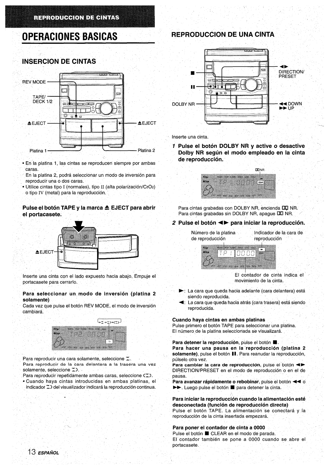 Aiwa CX-NA92 manual Operacionesbasicas, Insercion DE Cintas, Reproduction DE UNA Cinta 