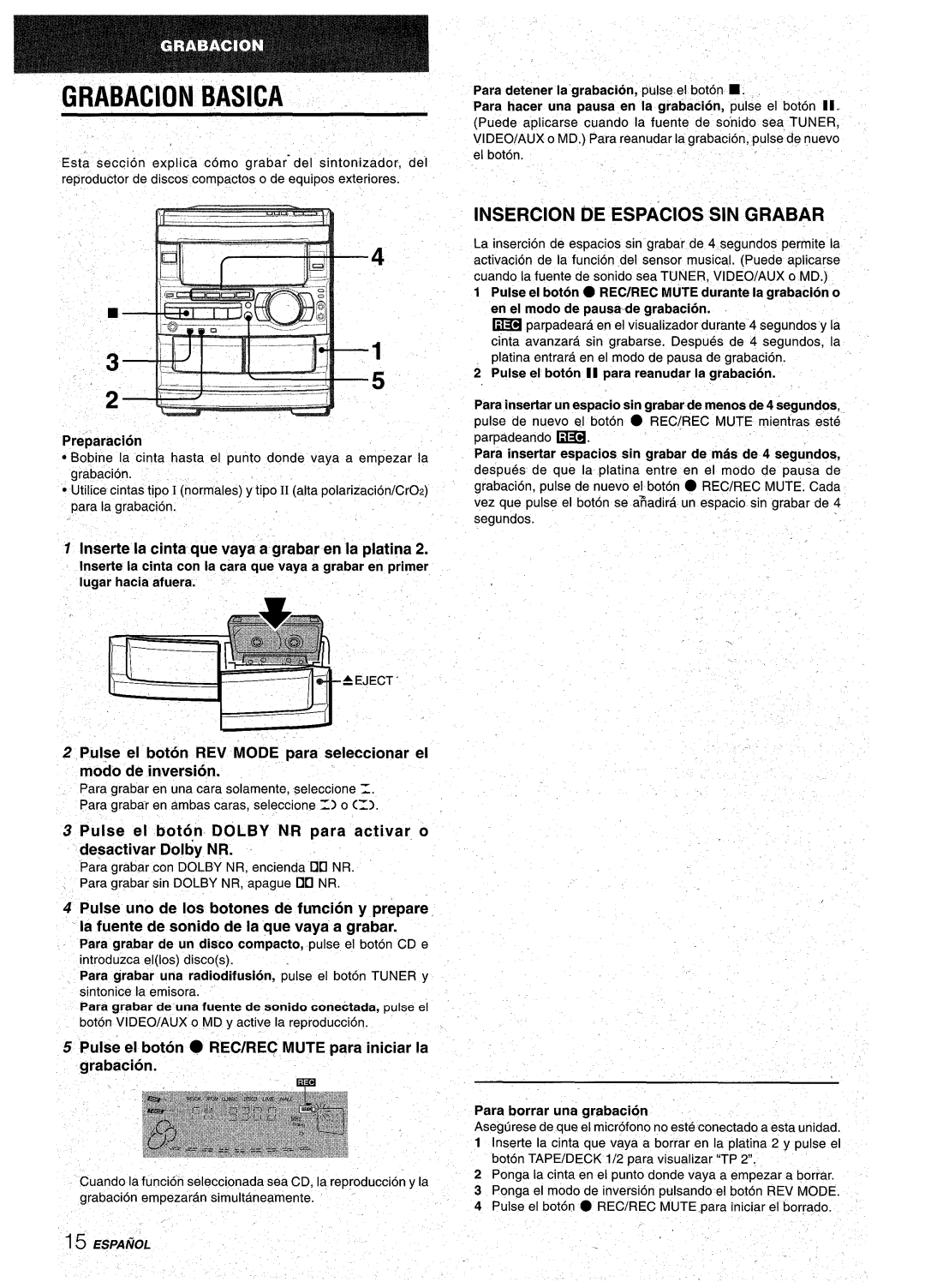 Aiwa CX-NA92 manual Grabacion Basica, Inserte la cinta que vaya a grabar en la platina, Modo de inversion 