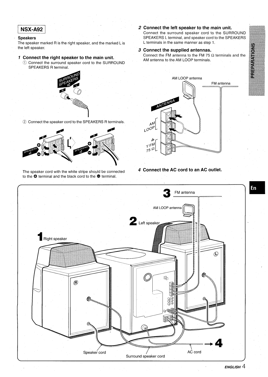 Aiwa CX-NA92 Connect the left speaker to the main unit, Connect the supplied antennas, Connect the AC cord to an AC outlet 