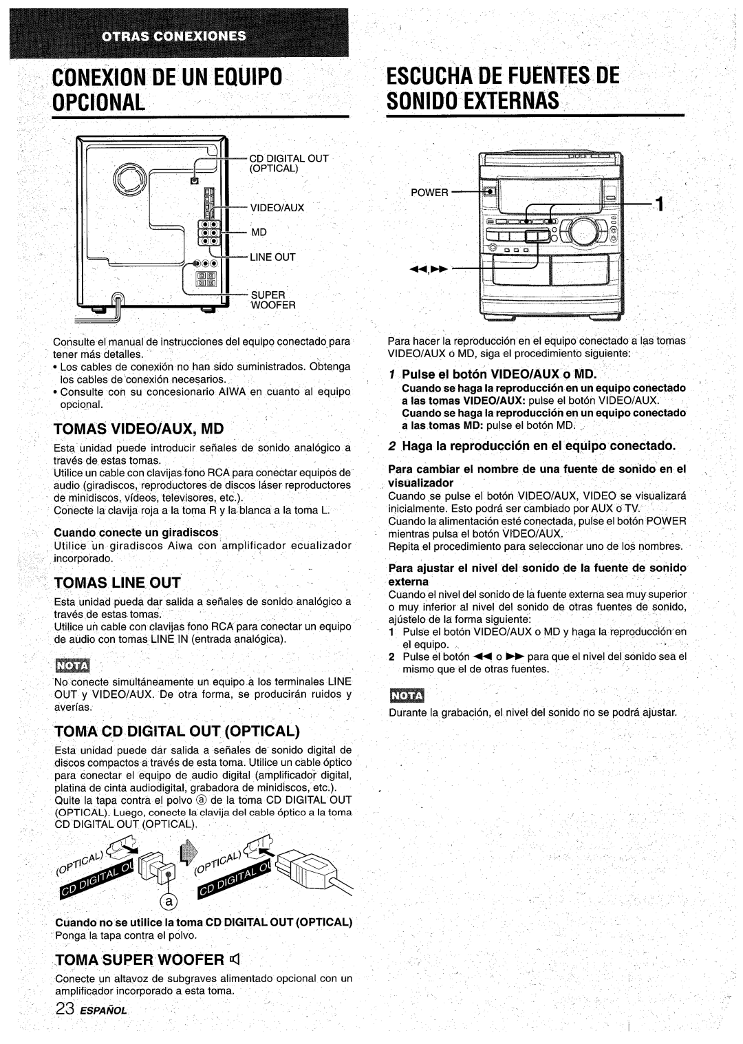 Aiwa CX-NA92 manual Conexion DE UN Equipo Opcional ~, Escucha DE Fuentes DE ~ Sonido Externas 