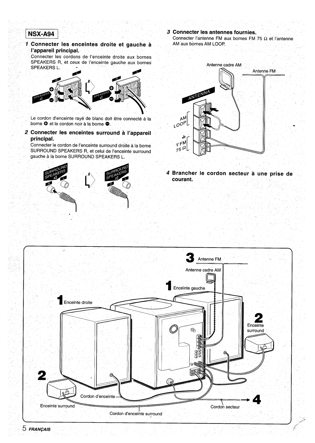 Aiwa CX-NA92 Connecter Ies enceintes surround a I’appareil principal, Connecter Ies antennes fournies, ~. ~, Speakers L 