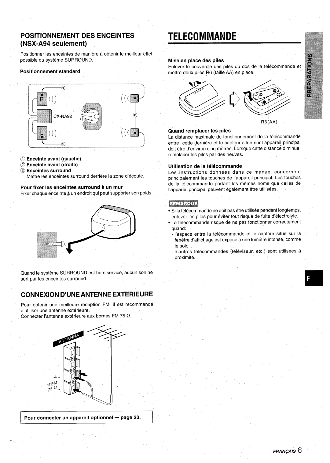 Aiwa CX-NA92 manual Telecimmande, Positionnement DES Enceintes 