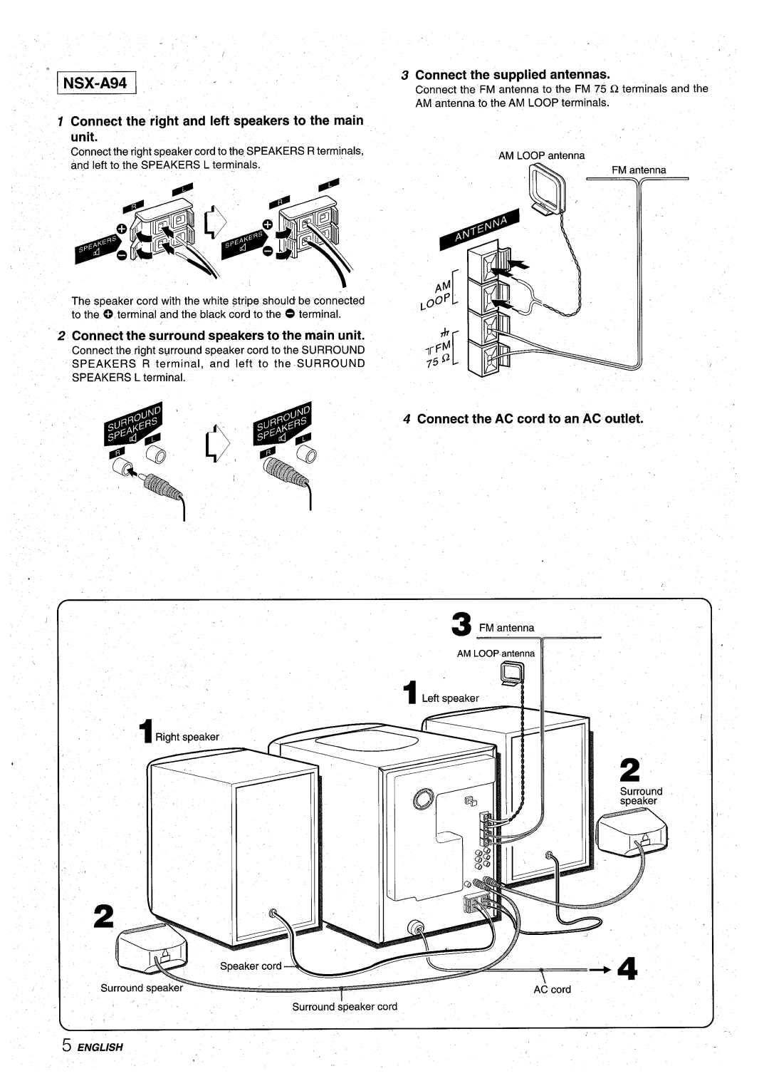 Aiwa CX-NA92 manual Connect the right and left speakers to the main unit, Connect the surround speakers to the main unit 