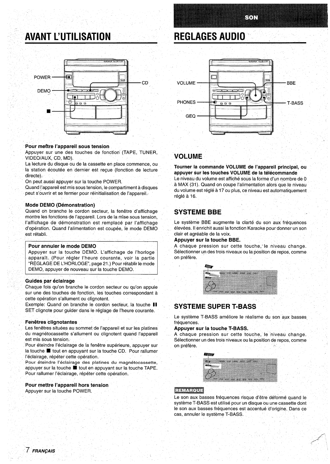 Aiwa CX-NA92 manual Avant tWTILISATION, Systeme BBE, Systeme Super T-BASS, Ferktres clignotantes 