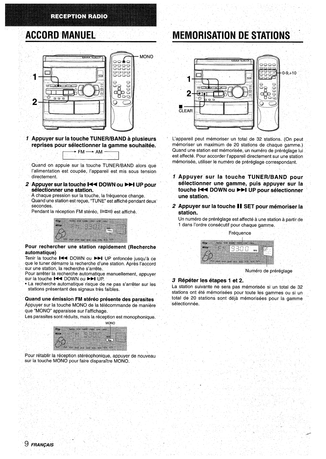 Aiwa CX-NA92 manual Accord Manuel, ‘ilm, Appuyer Sur la touche TUNER/BAND Plusieurs, Repeter Ies etapes 1 et 