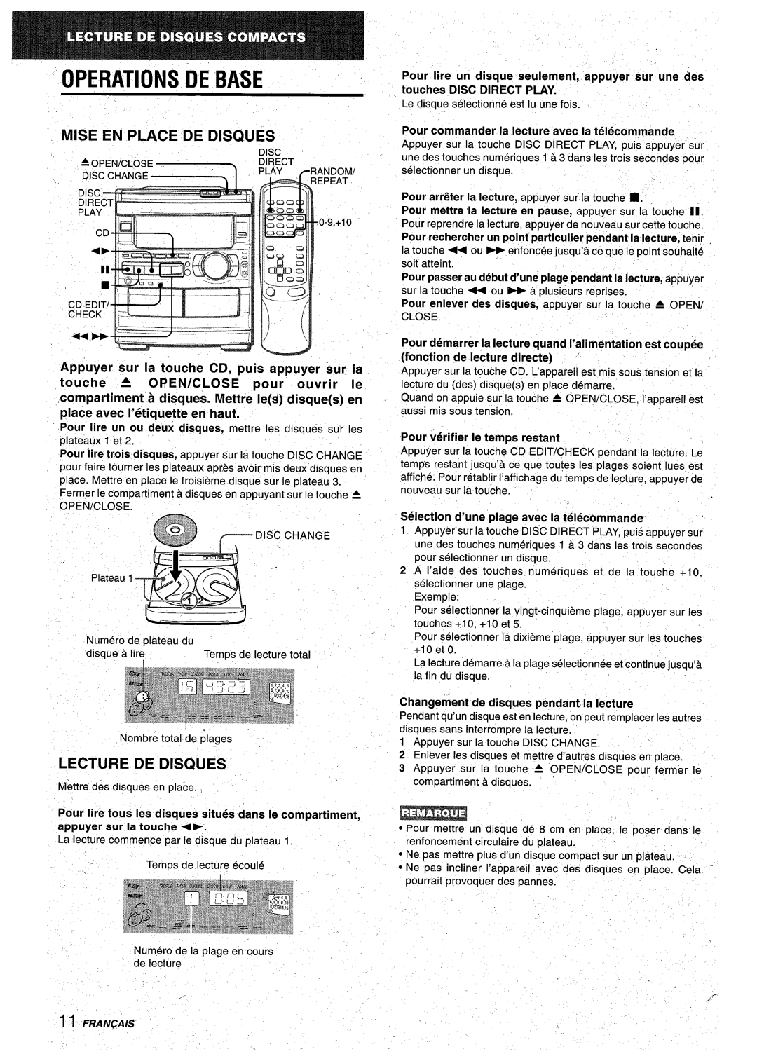 Aiwa CX-NA92 manual Operations DE Base, Mise EN Place DE Disques, Lecture DE Disques 