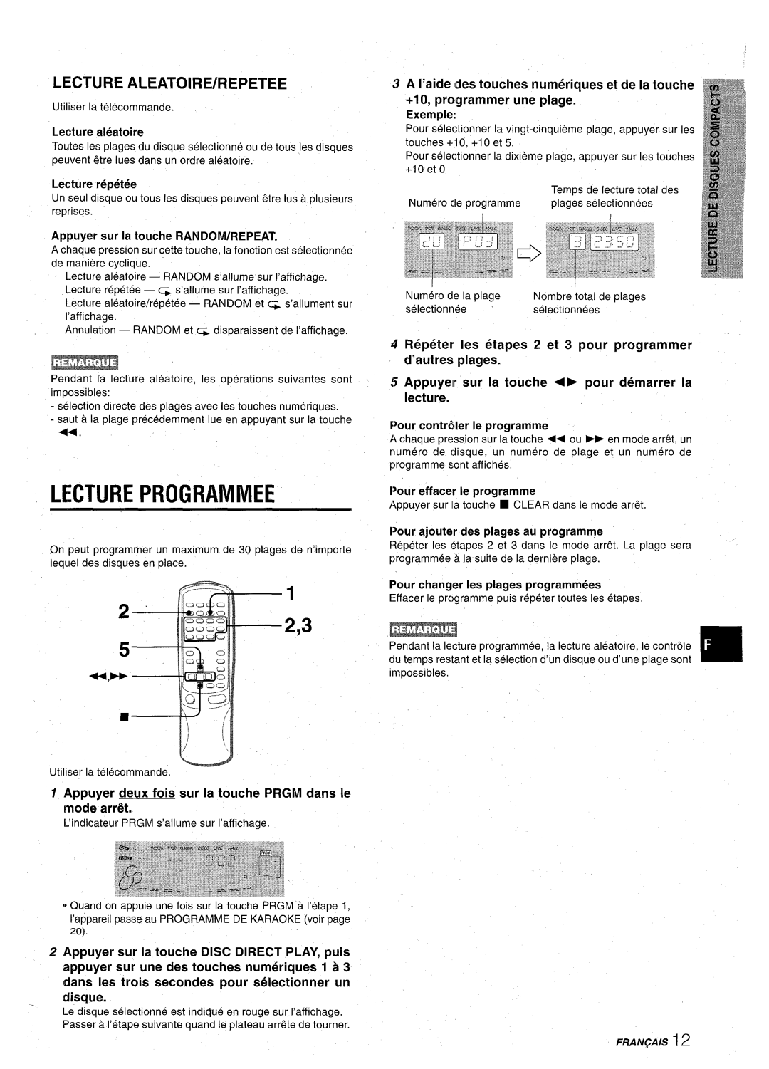 Aiwa CX-NA92 manual Lecture Programmed, Lecture ALEATOIRE/REPETEE 