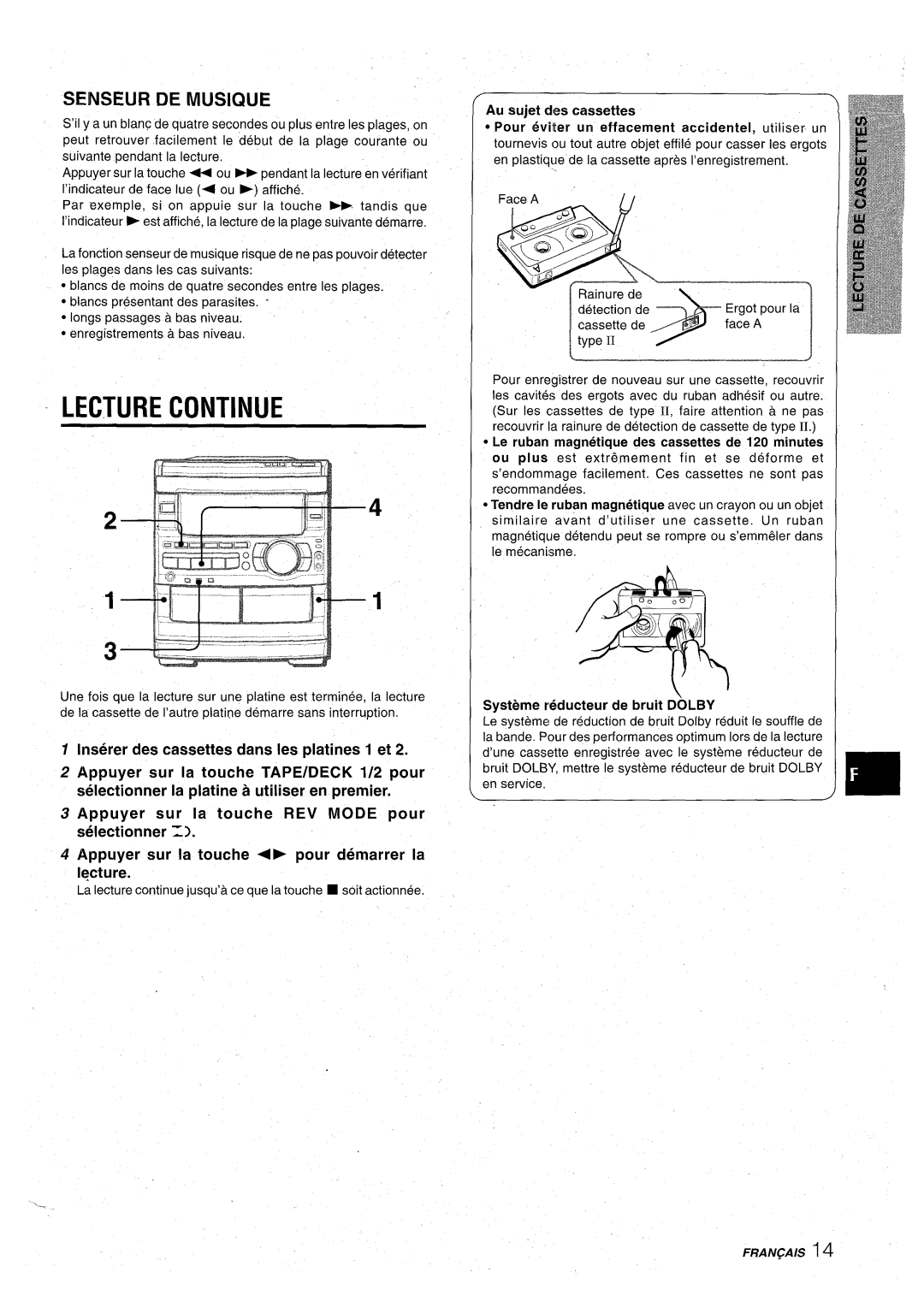 Aiwa CX-NA92 manual ~ Lecture Continue, Senseur DE Musique, Le ruban magnetique des cassettes de 120 minutes 