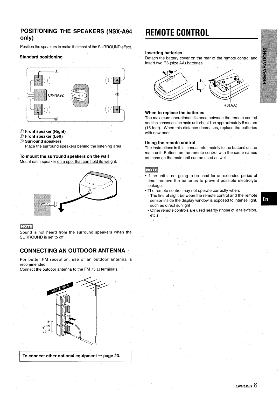 Aiwa CX-NA92 manual Remote Control, Connecting AN Outdoor Antenna 