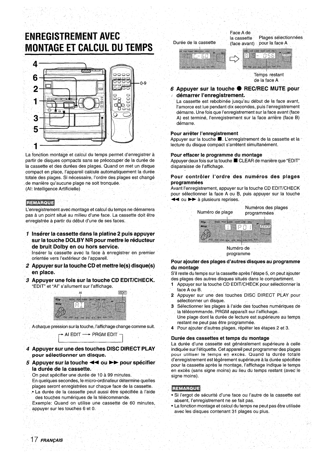 Aiwa CX-NA92 ’ Enregistrement Avec Montage ET Calcul DU Temps, Appuyer sur la touche CD et mettre Ies disques en place 