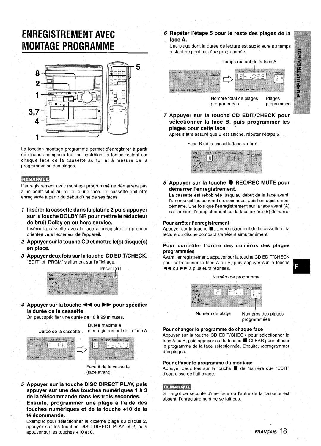 Aiwa CX-NA92 manual Enregistrement Avec Montage Programme, Repeter I’etape 5 pour Ie reste des plages de la face a 