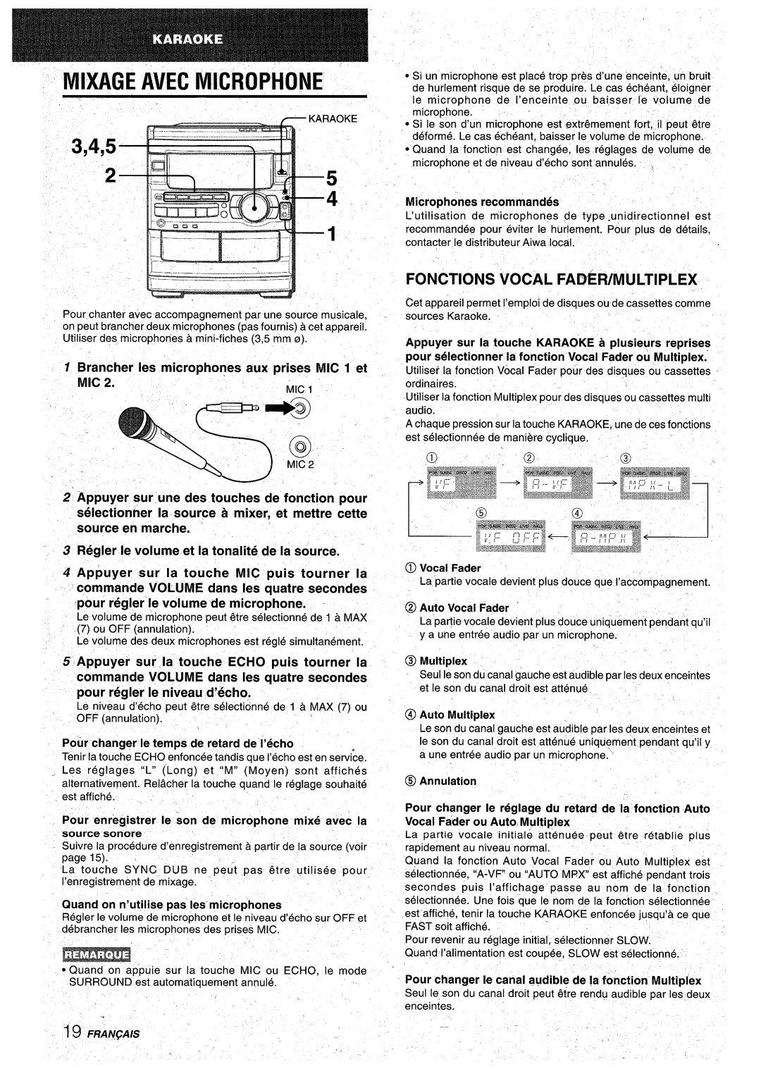 Aiwa CX-NA92 manual Fonctions, Brancher Ies microphones aux prises MIC 1 et 