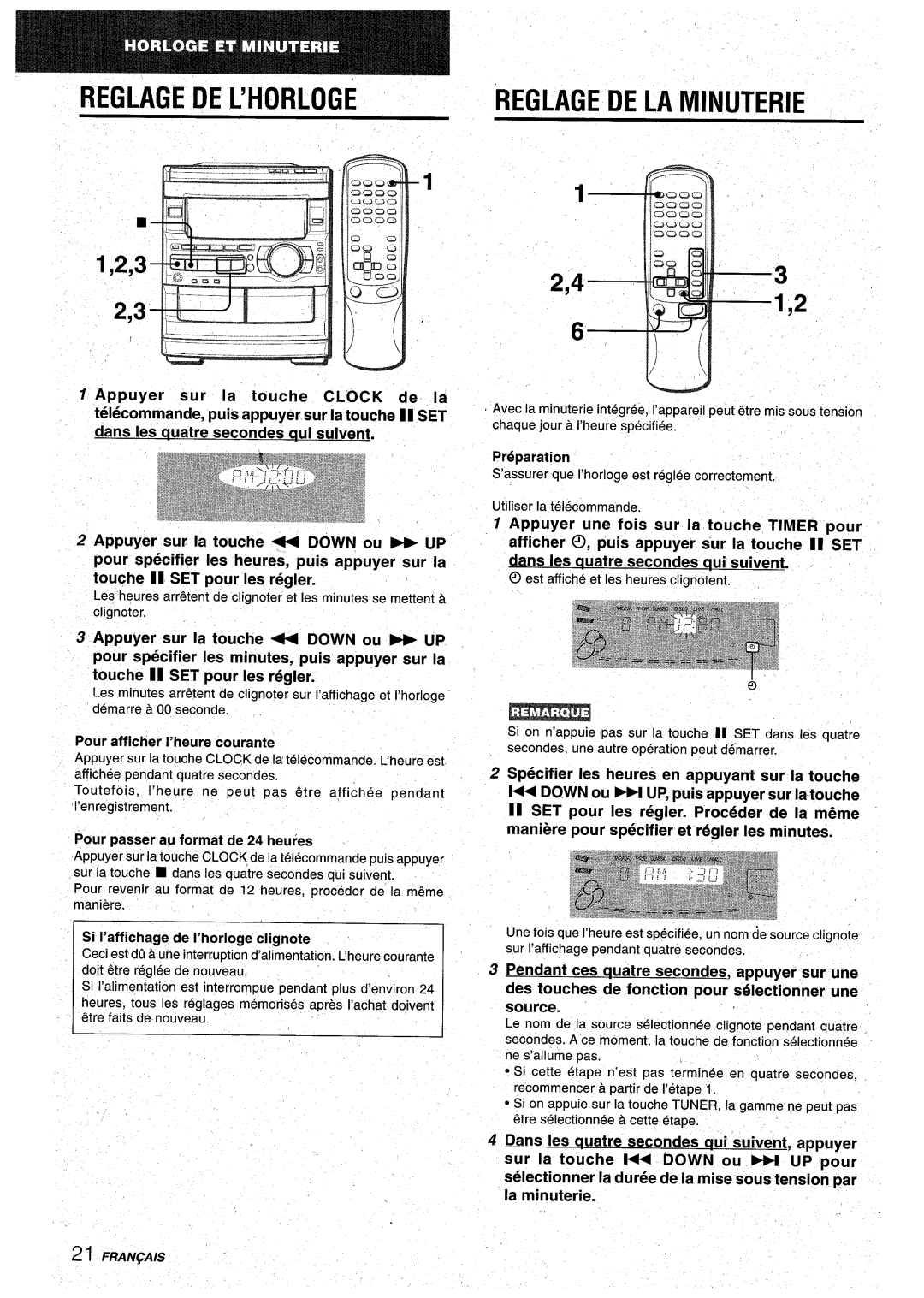 Aiwa CX-NA92 manual Reglagedel’Horloge Ooq, ’? ~, Reglage DE LA Minuterie, ?E5i 1,2, ’,’ 