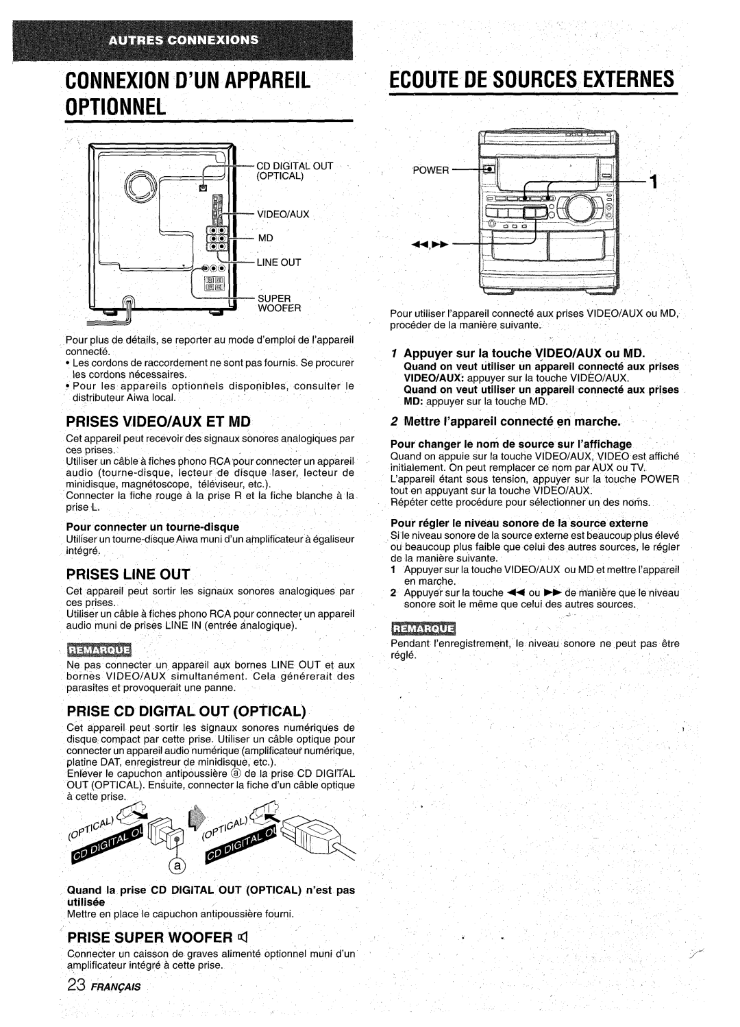 Aiwa CX-NA92 manual Connexion D’UN Appareil Optionnel, Ecoute DE Sources Externes, Prises VIDEO/AUX ET MD, Prises Line OUT 