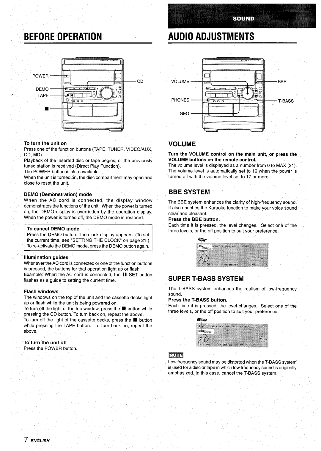 Aiwa CX-NA92 manual Before Operation ~ Audio Adjustments, Volume, BBE System, Super T-BASS System 