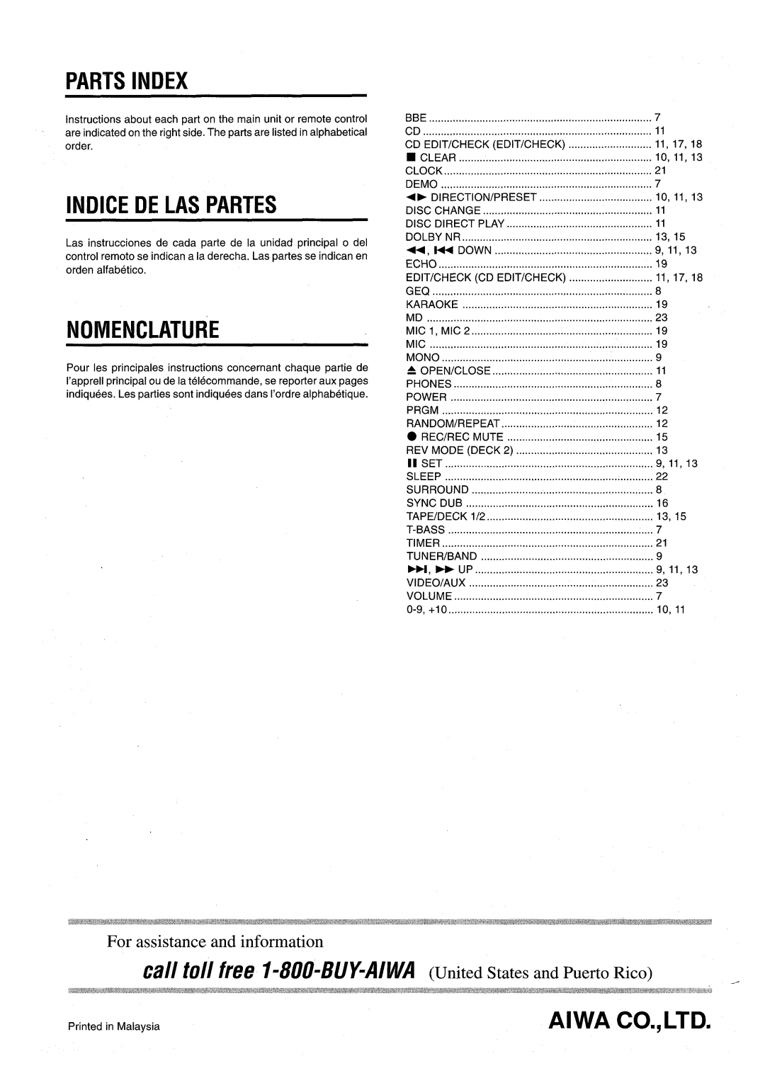 Aiwa CX-NA92 manual Parts Index, Indice DE LAS Partes, Nomenclature 