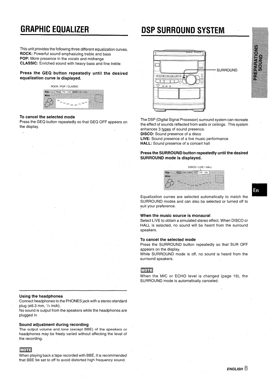 Aiwa CX-NA92 manual Graphic Equalizer, To cancel the selected mode, Using the headphones, Sound adjustment during recording 