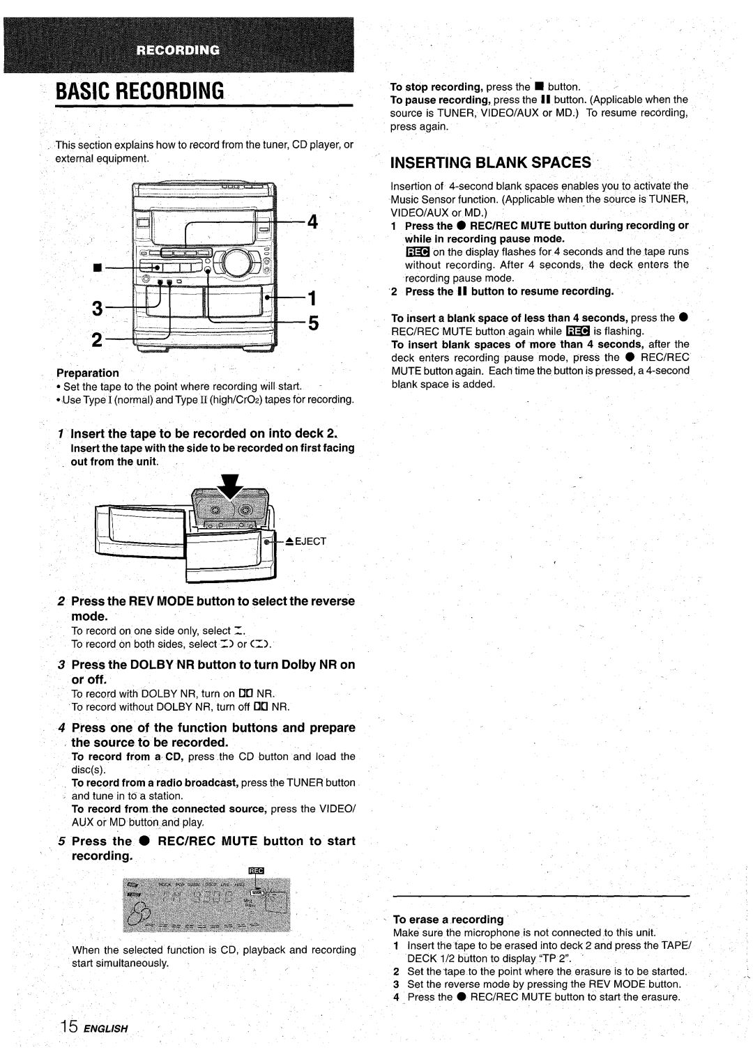 Aiwa CX-NA92 Inserting Blank Spaces, Insert the tape to be recorded on into deck, To stop recording, press the” button 