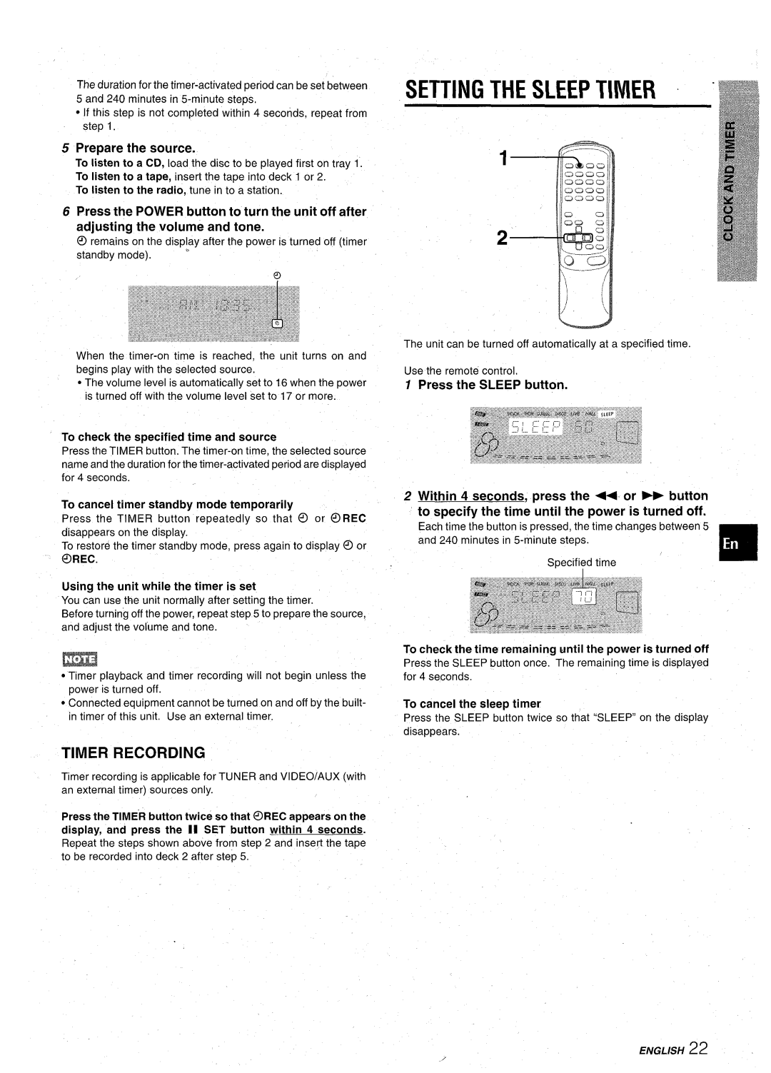 Aiwa CX-NA92 manual Setting The Sleep Timer, Timer Recording, Prepare the source 