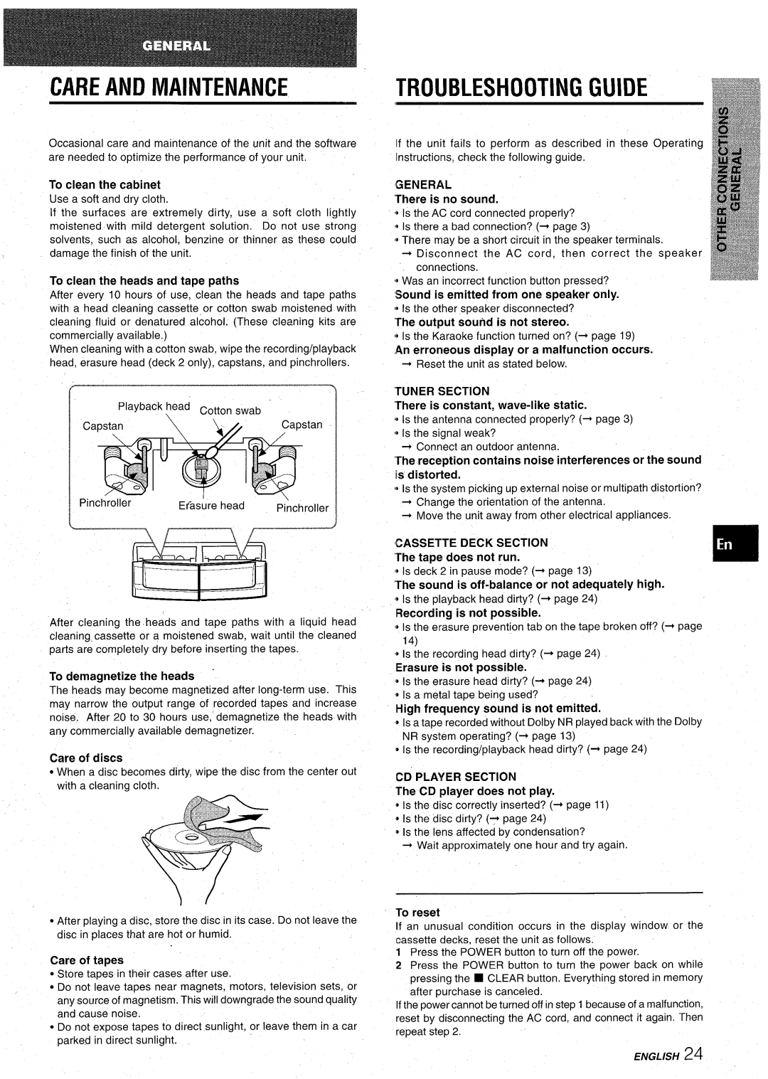 Aiwa CX-NA92 Care And Maintenance, Troubleshooting Guide, To clean the cabinet, To clean the heads and tape paths, English 