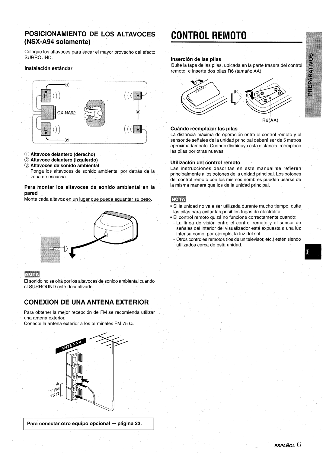 Aiwa CX-NA92 Control Remoto, POSICIONAMIENTO DE LOS ALTAVOCES NSX-A94 solamente, Conexion De Una Antena Exterior, + pagina 