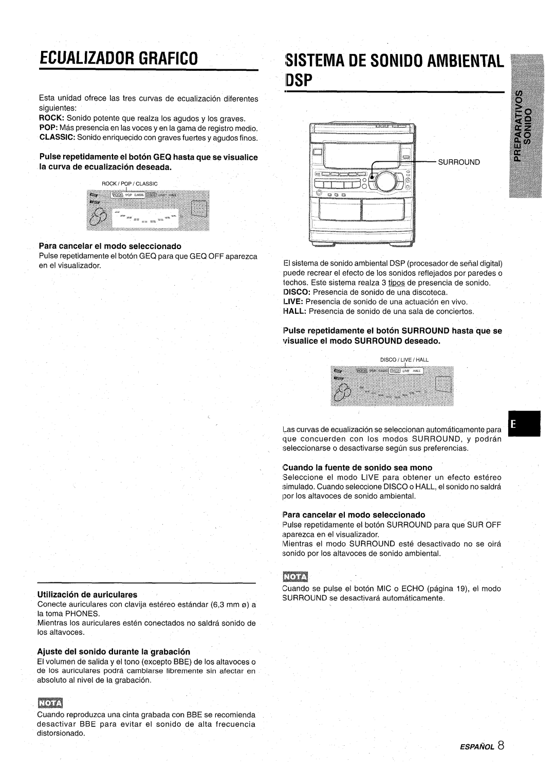 Aiwa CX-NA92 manual Ecualizador Grafico, Sistema De Sonido Ambiental, Para cancelar el modo seleccionado, Idsp, Espanol 