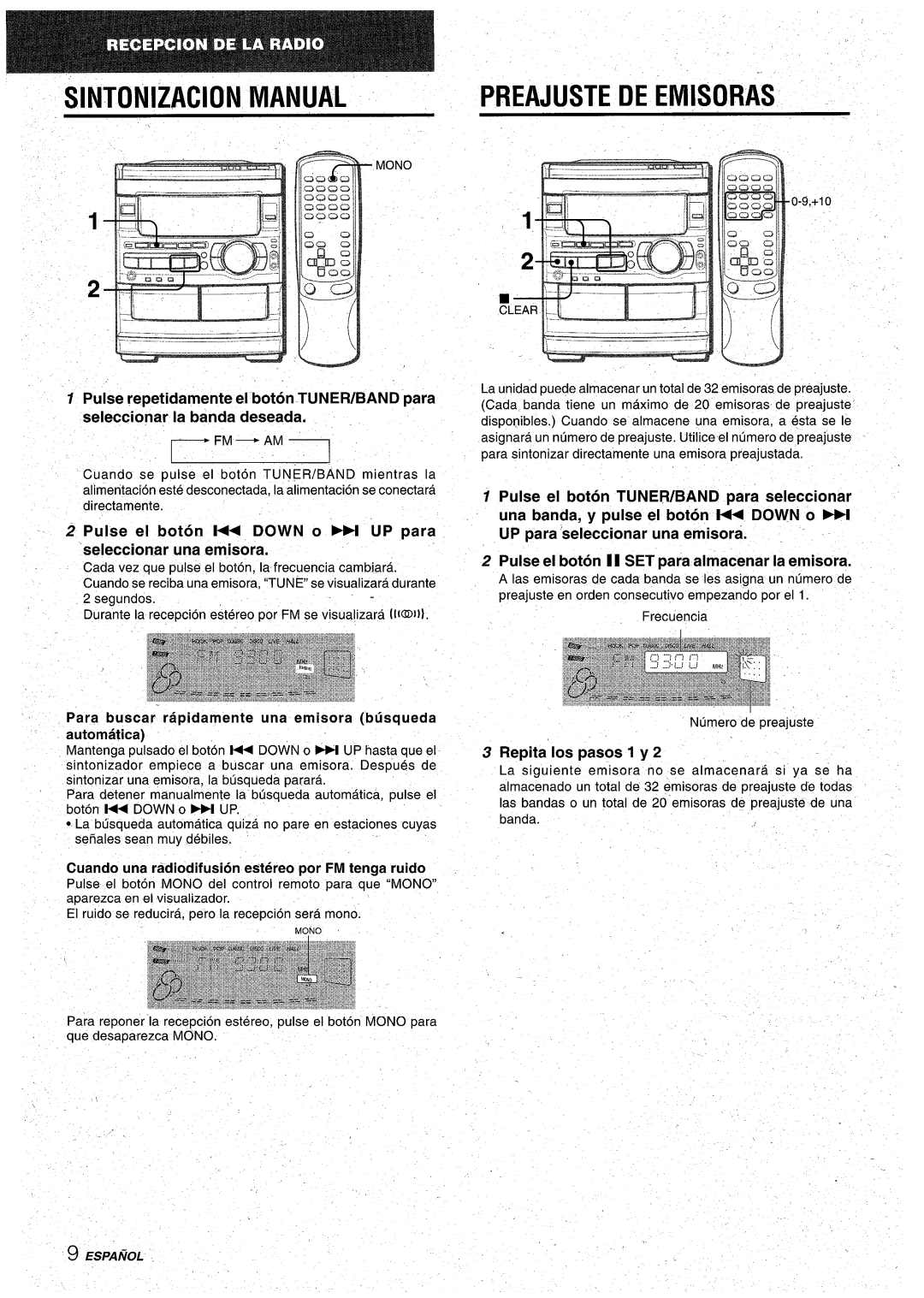Aiwa CX-NA92 Sintonizacion Manual, Preajuste De Emisoras, Pulse repetidamente el boton TUNERIBAND para, $.Mono, Espamol 